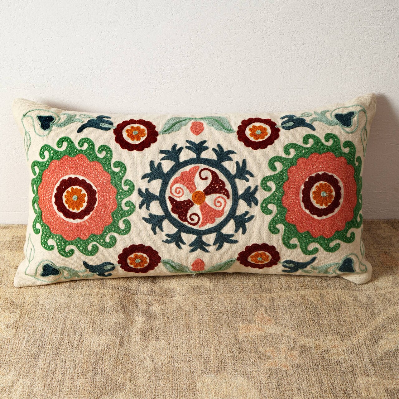 Lumbar Pillow | Suzani Embroidered Multicolor Pillow – Decorative Boho Cushion for Stylish Home Décor | 26"x14"